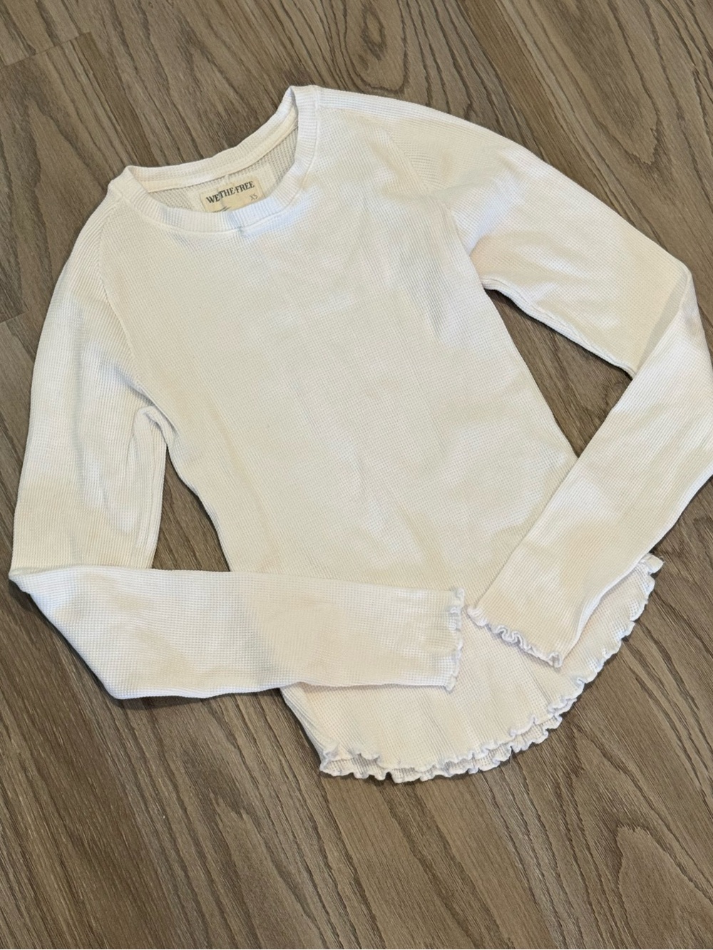 Free People White Thermal Ruffle Hem Shirt Top XS Lettuce Trim